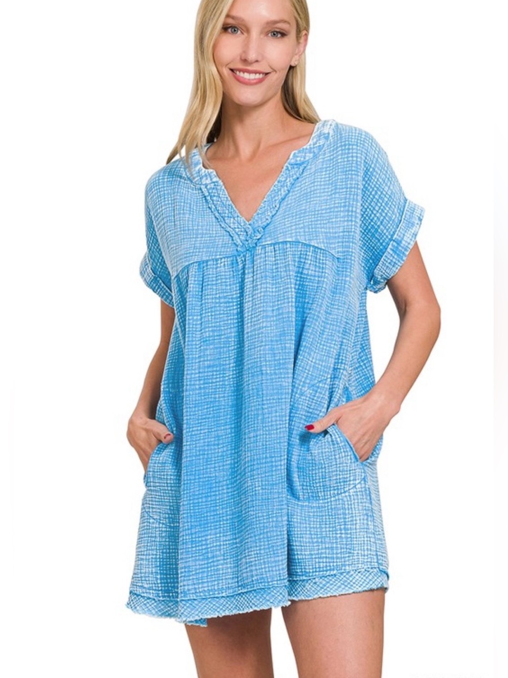 Zenana Gauze 100% Cotton Short Sleeve Mini  Dress Size Large